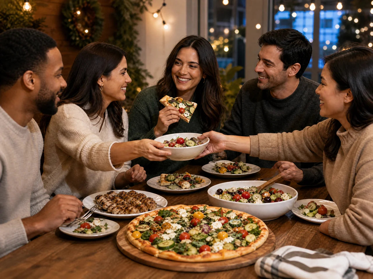 Friends sharing pizza, grilled chicken and salad at a warm holiday gathering