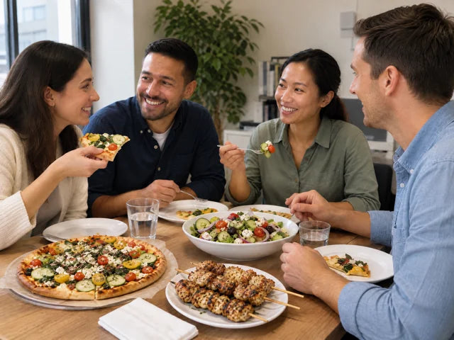 Coworkers sharing a relaxed lunch together